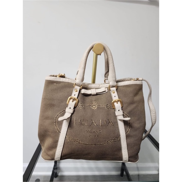 Authentic Prada Canapa Logo Jacquard Tote Beige/Brown - Picture 1 of 16